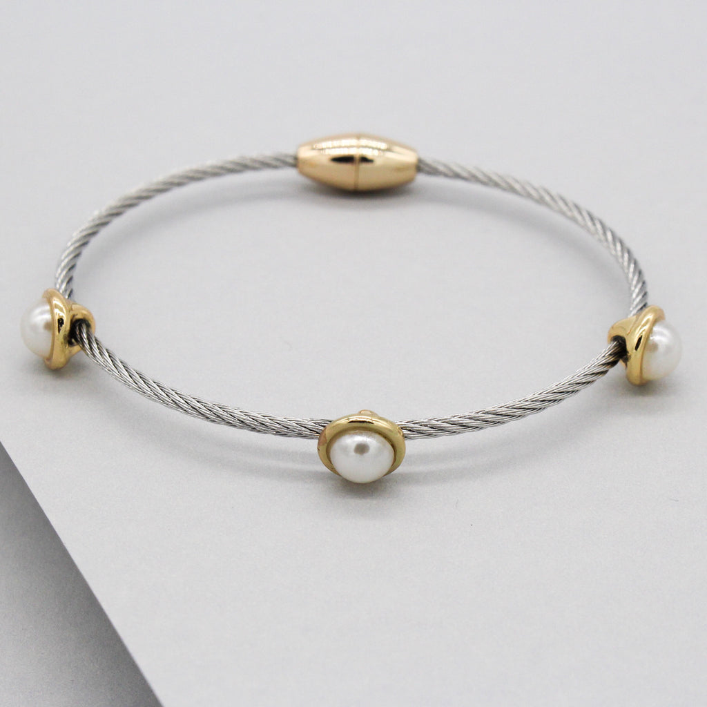 Stack It Up Wire Bangle Bracelet- Pearl Studs