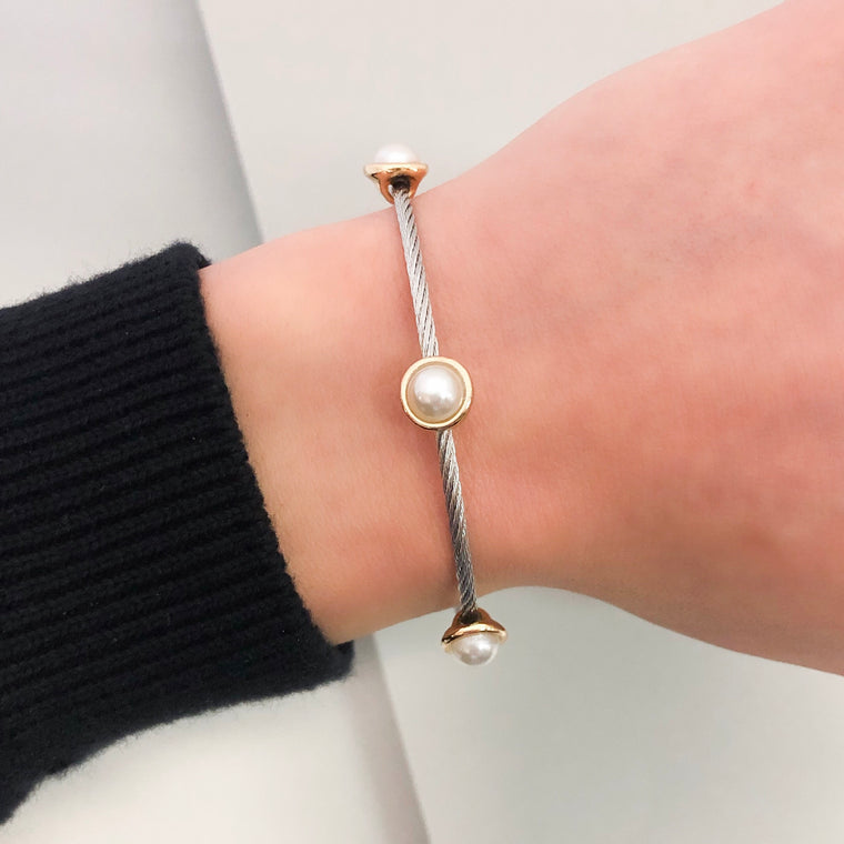 Stack It Up Wire Bangle Bracelet- Pearl Studs