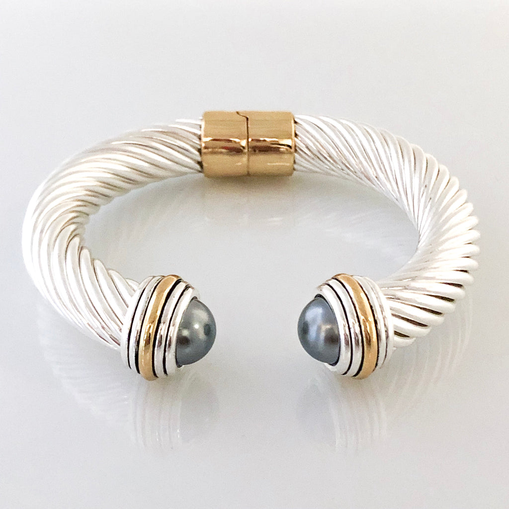 Stack It Up Thick Bracelet Cuff- Grey Pearl Stone