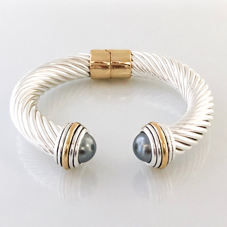 Stack It Up Thick Bracelet Cuff- Grey Pearl Stone