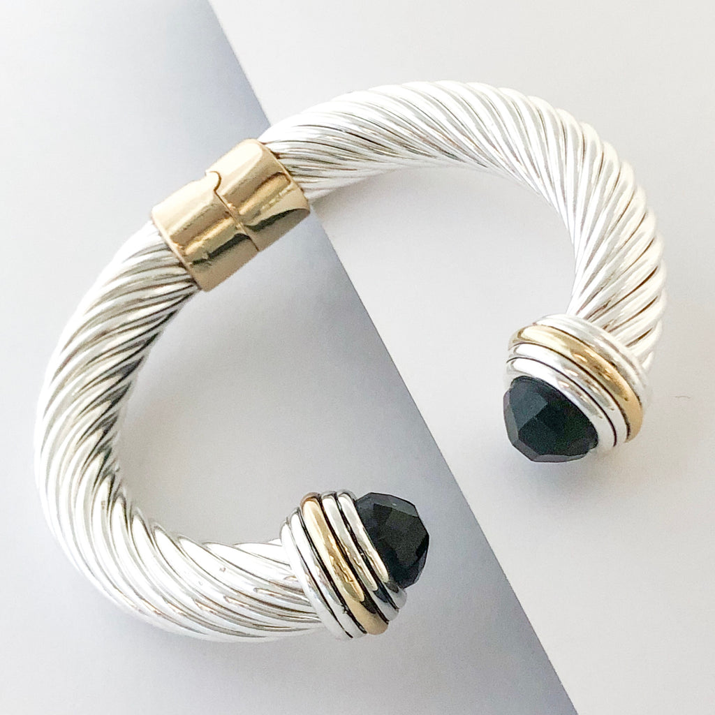 Stack It Up Thick Bracelet Cuff- Jeweled Black Stone