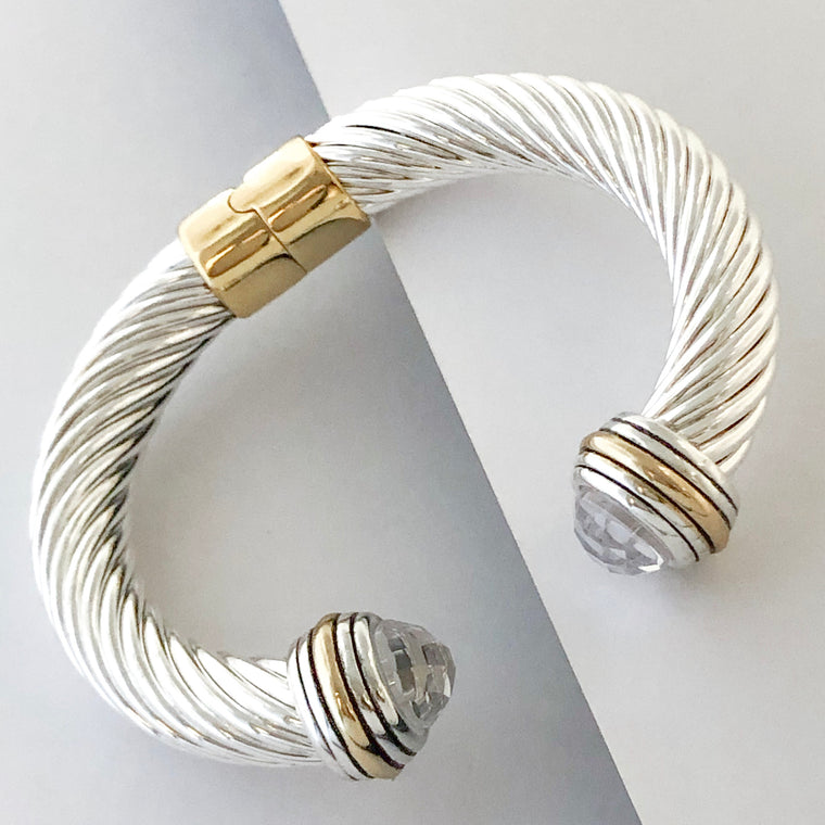 Stack It Up Thick Bracelet Cuff- Jeweled Crystal Clear Stone