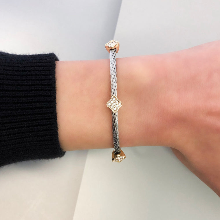 Stack It Up Wire Bangle Bracelet- Pavé Clover Leaf