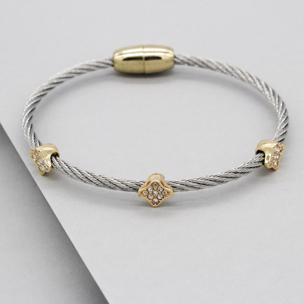 Stack It Up Wire Bangle Bracelet- Pavé Clover Leaf