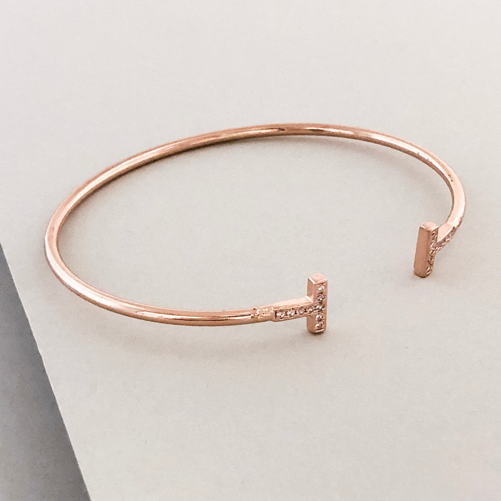 Delicate T Cuff Bracelet- Rose Gold