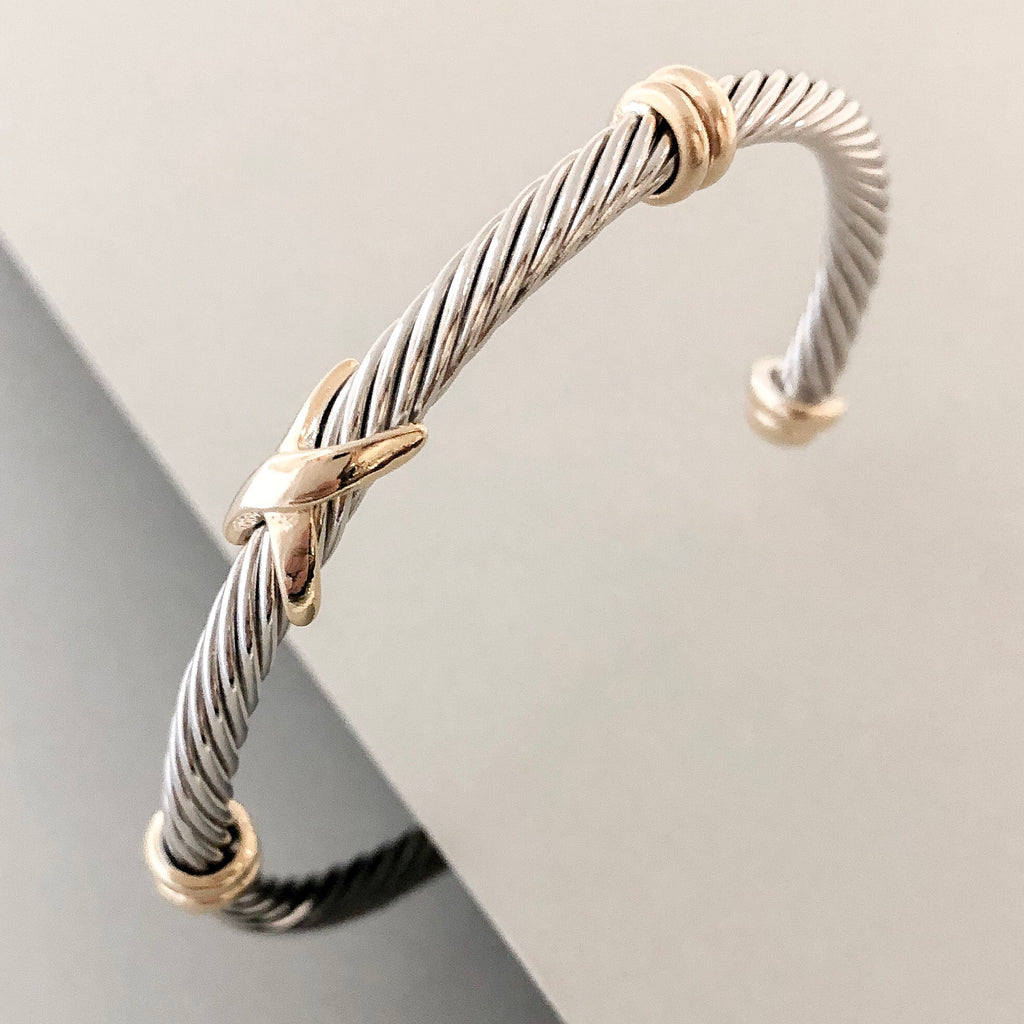 Stack It Up Bracelet Cuff- Two Tone Criss-Cross