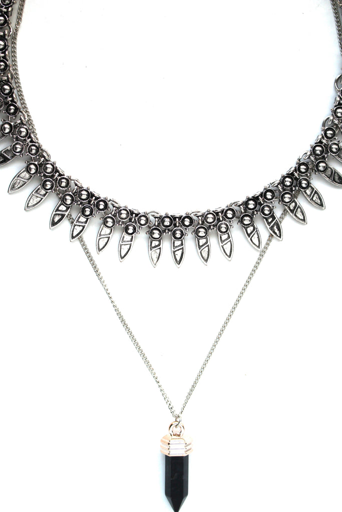 Saffron Metal Layered Choker Necklace Set- Silver