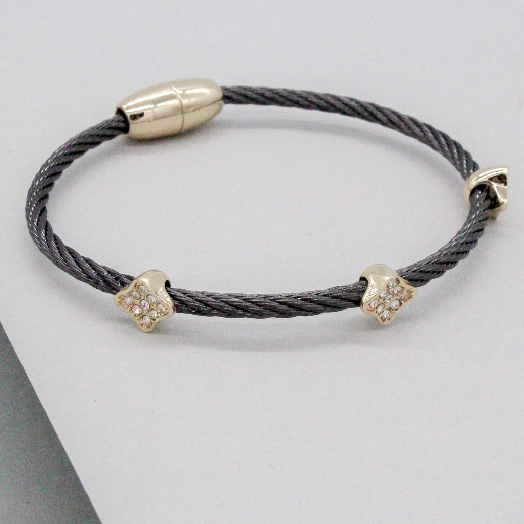 Stack It Up Wire Bangle Bracelet- Gunmetal / Pavé Clover Leaf