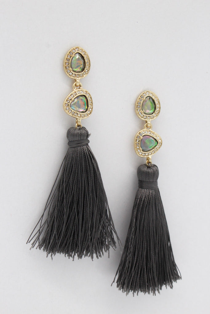 Misty Stone Tassel Earrings- Iridescent/ Grey