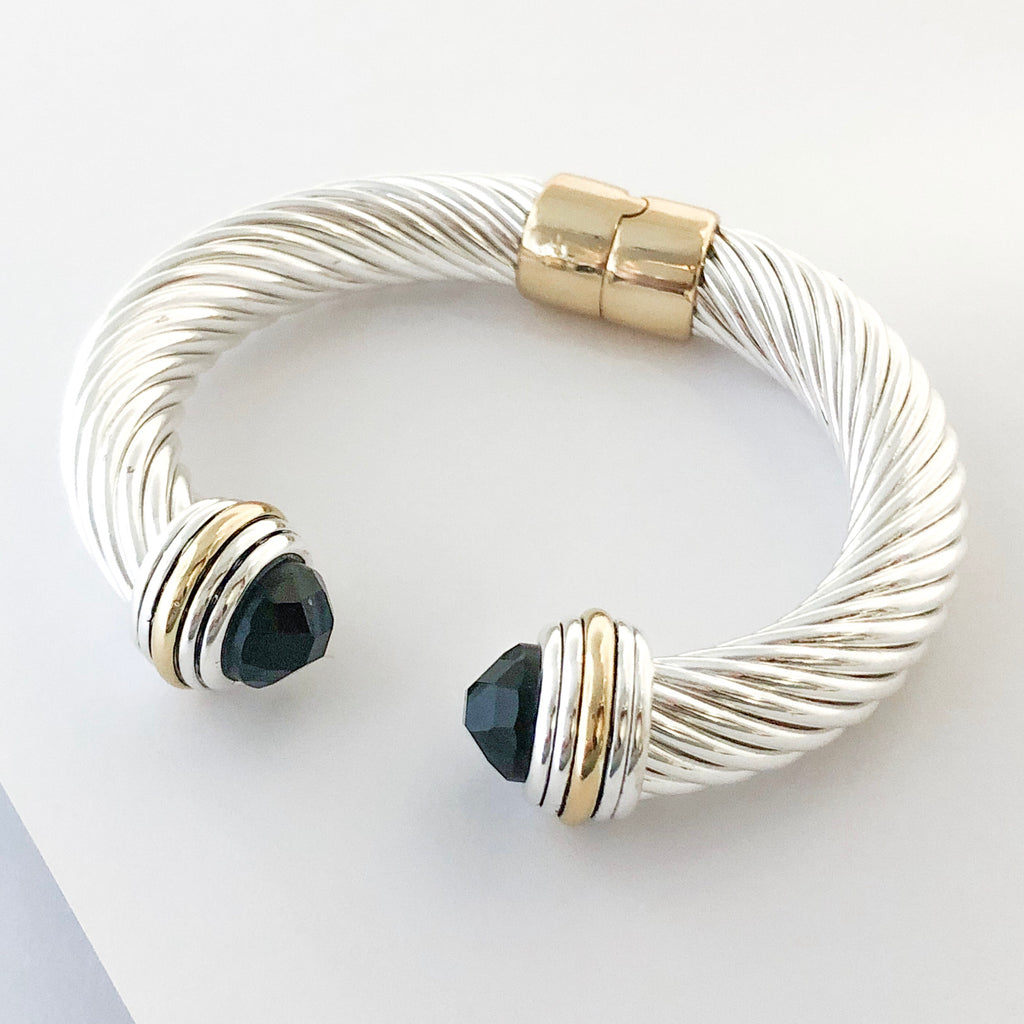 Stack It Up Thick Bracelet Cuff- Jeweled Black Stone