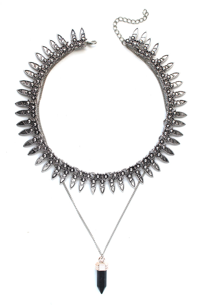 Saffron Metal Layered Choker Necklace Set- Silver