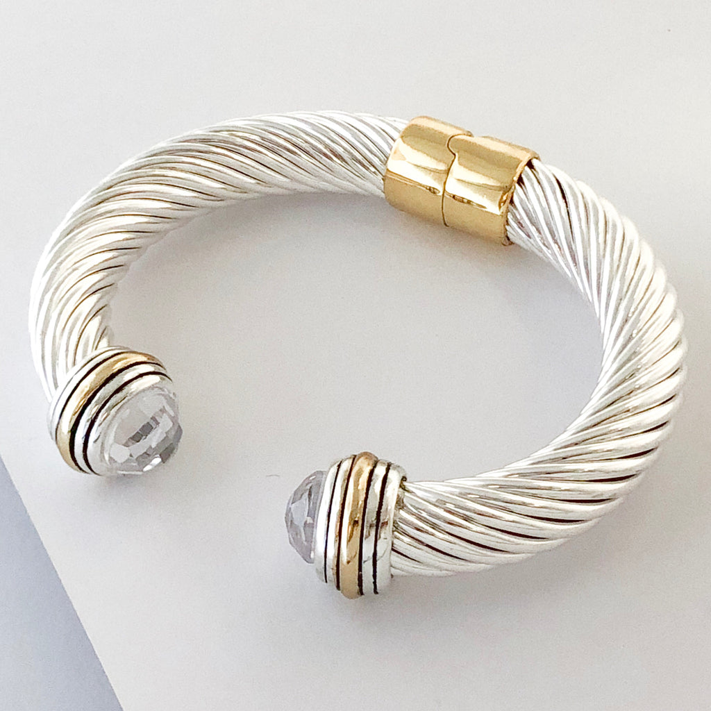 Stack It Up Thick Bracelet Cuff- Jeweled Crystal Clear Stone