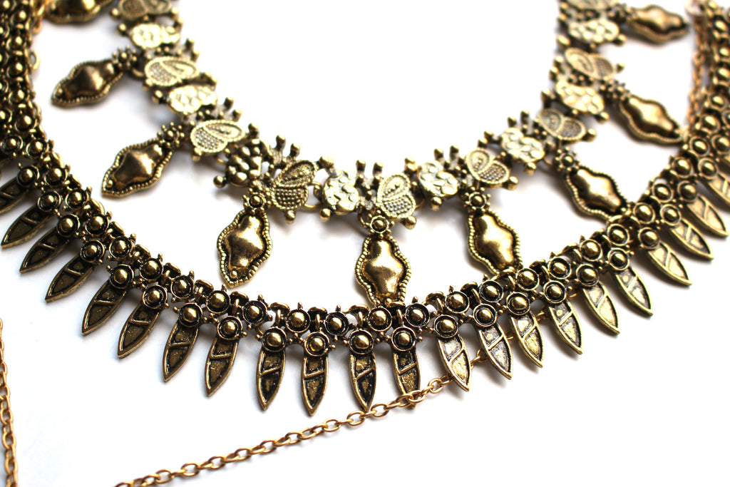 Saffron Metal Layered Choker Necklace Set- Gold