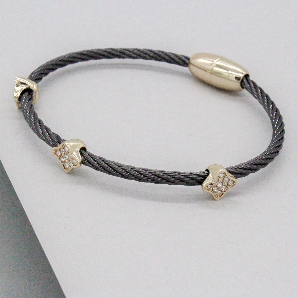 Stack It Up Wire Bangle Bracelet- Gunmetal / Pavé Clover Leaf