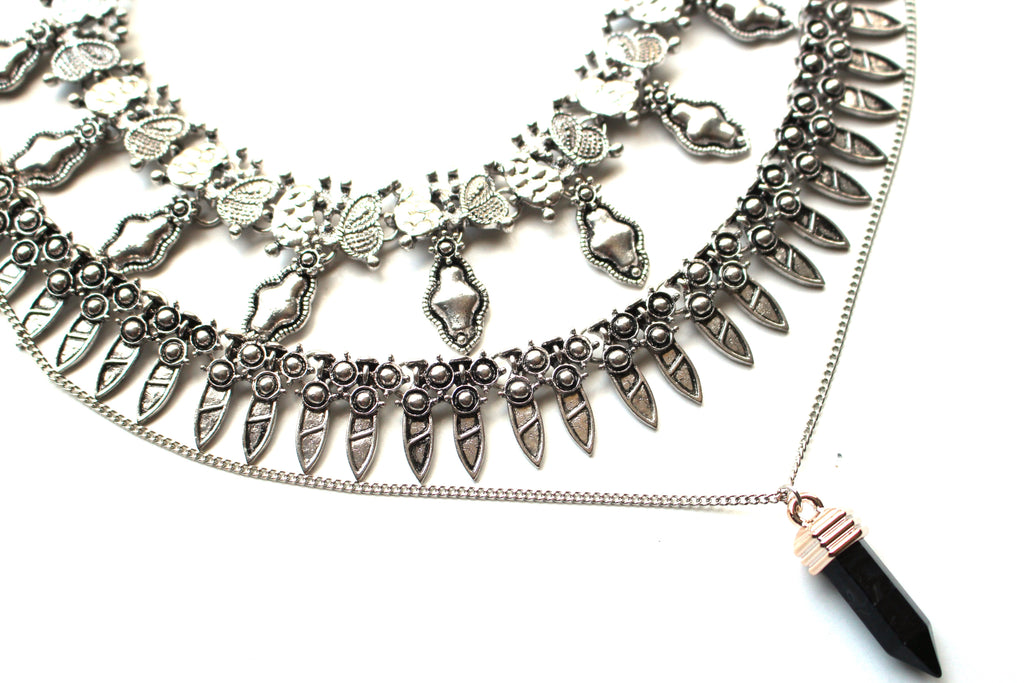 Saffron Metal Layered Choker Necklace Set- Silver