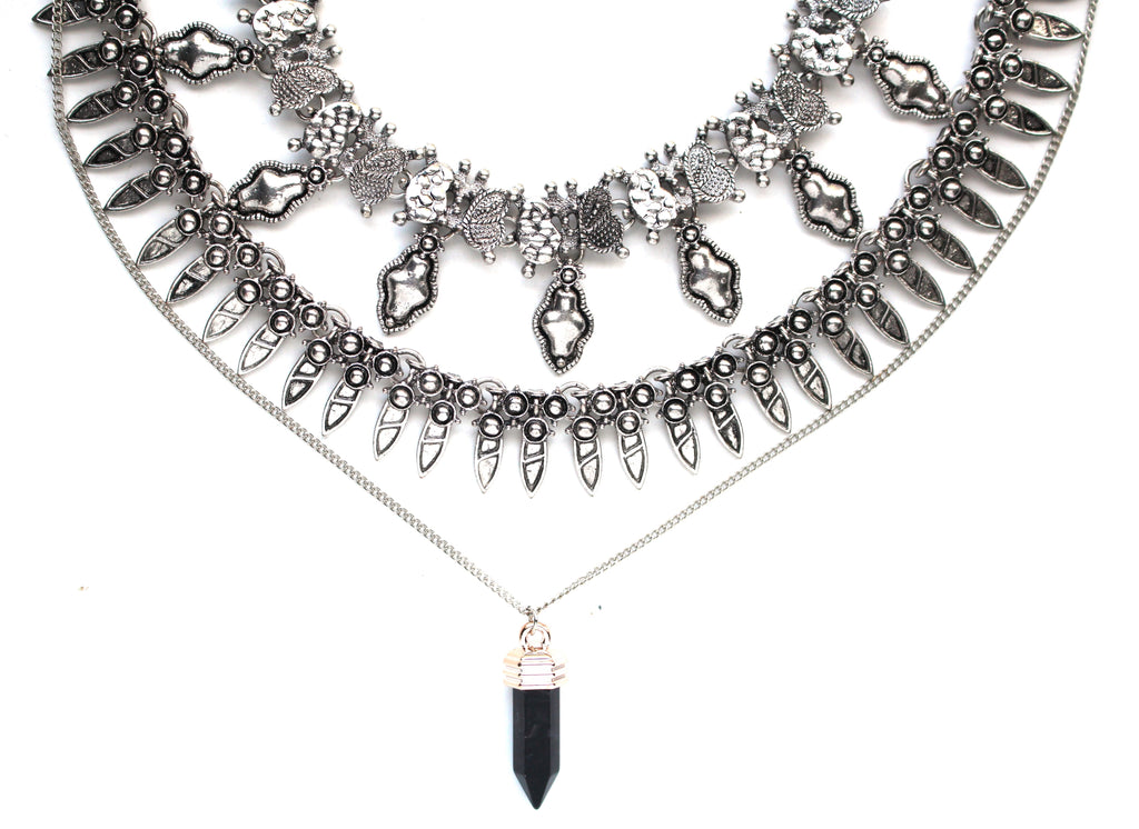 Saffron Metal Layered Choker Necklace Set- Silver