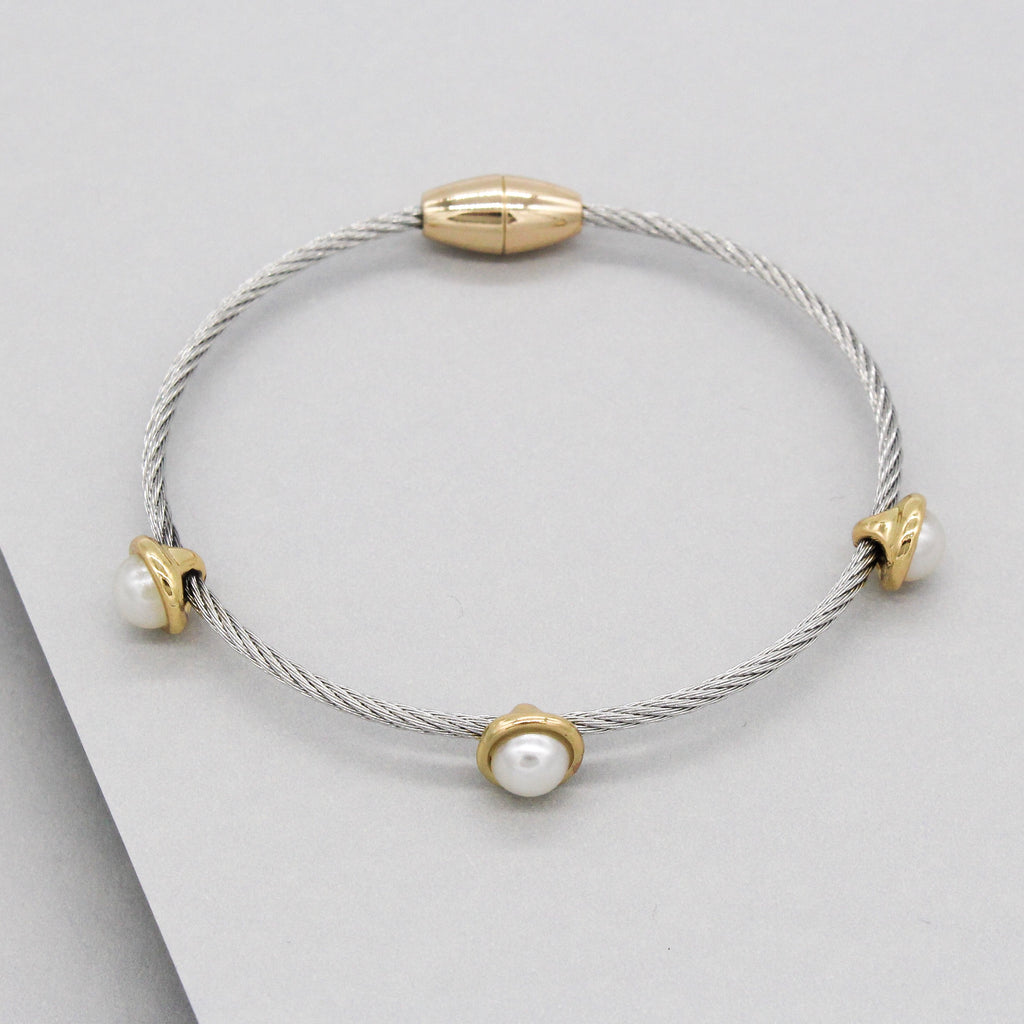 Stack It Up Wire Bangle Bracelet- Pearl Studs