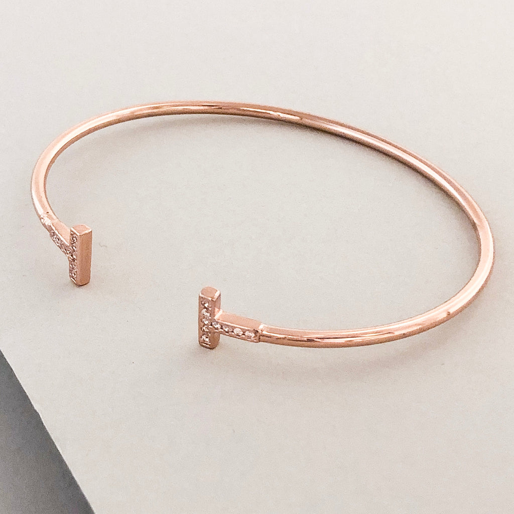 Delicate T Cuff Bracelet- Rose Gold