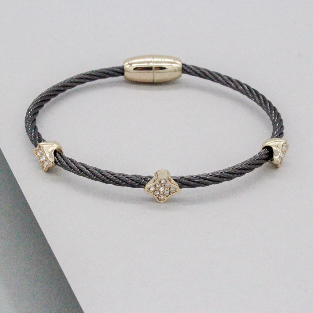 Stack It Up Wire Bangle Bracelet- Gunmetal / Pavé Clover Leaf
