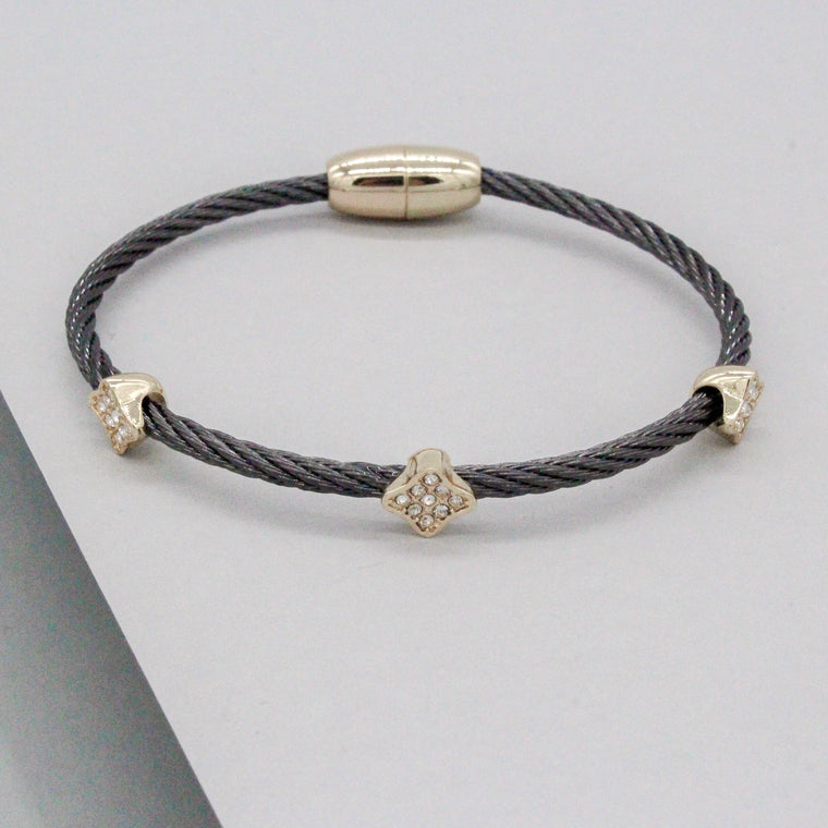 Stack It Up Wire Bangle Bracelet- Gunmetal / Pavé Clover Leaf