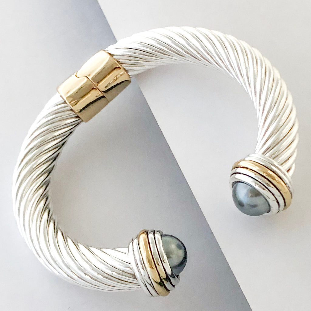 Stack It Up Thick Bracelet Cuff- Grey Pearl Stone