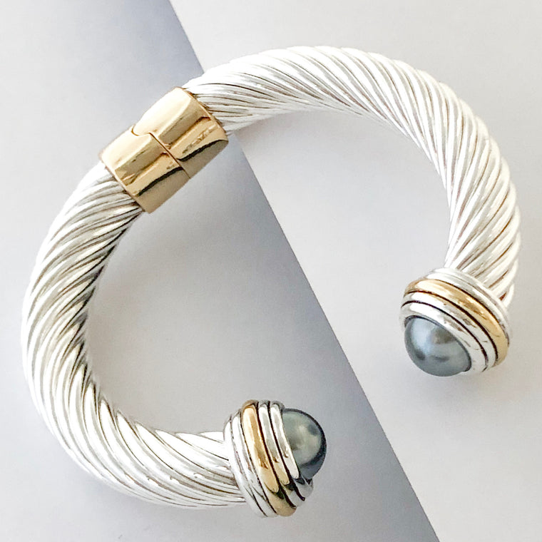 Stack It Up Thick Bracelet Cuff- Grey Pearl Stone