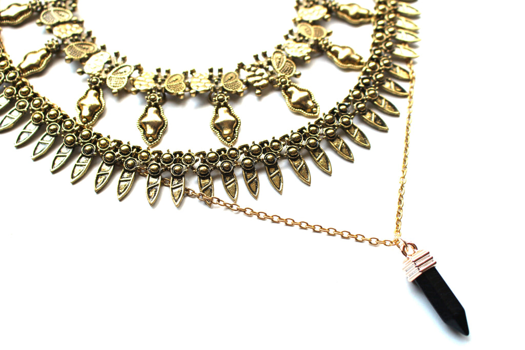 Saffron Metal Layered Choker Necklace Set- Gold