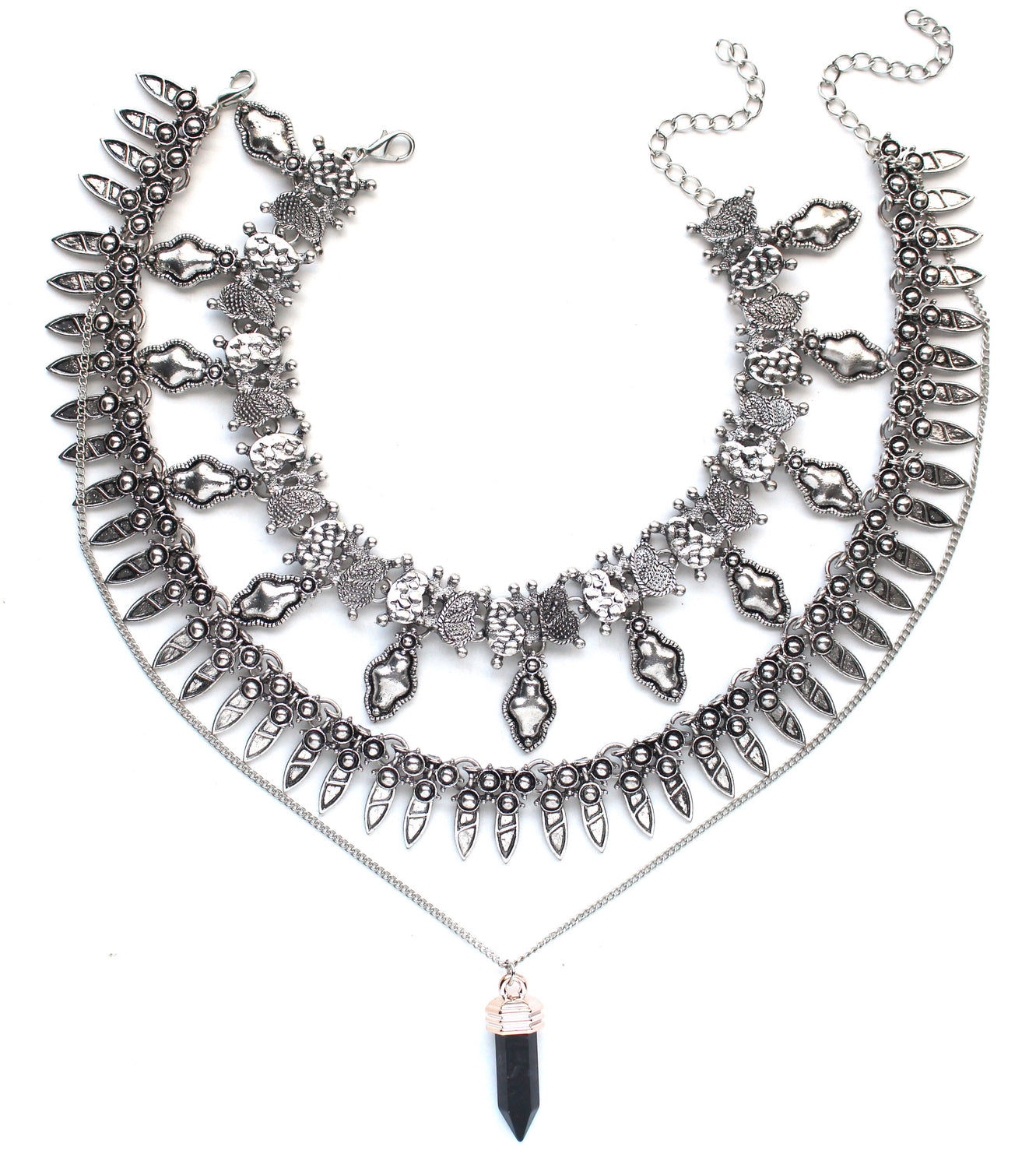 Saffron Metal Layered Choker Necklace Set- Silver
