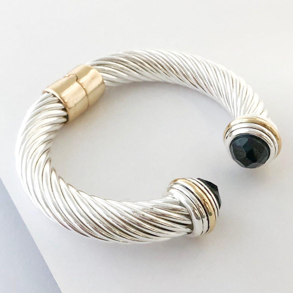 Stack It Up Thick Bracelet Cuff- Jeweled Black Stone