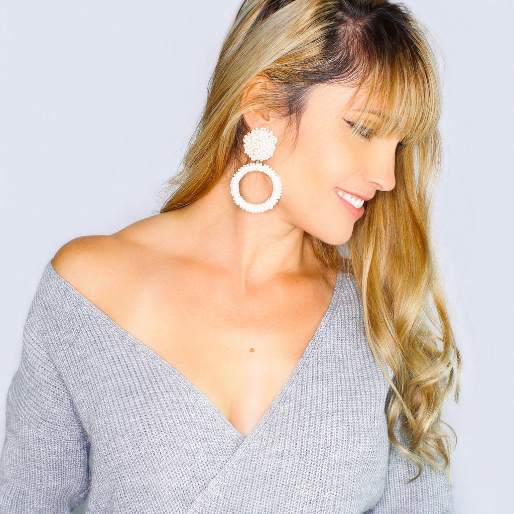 Jade Beaded Hoop Earrings- Ivory