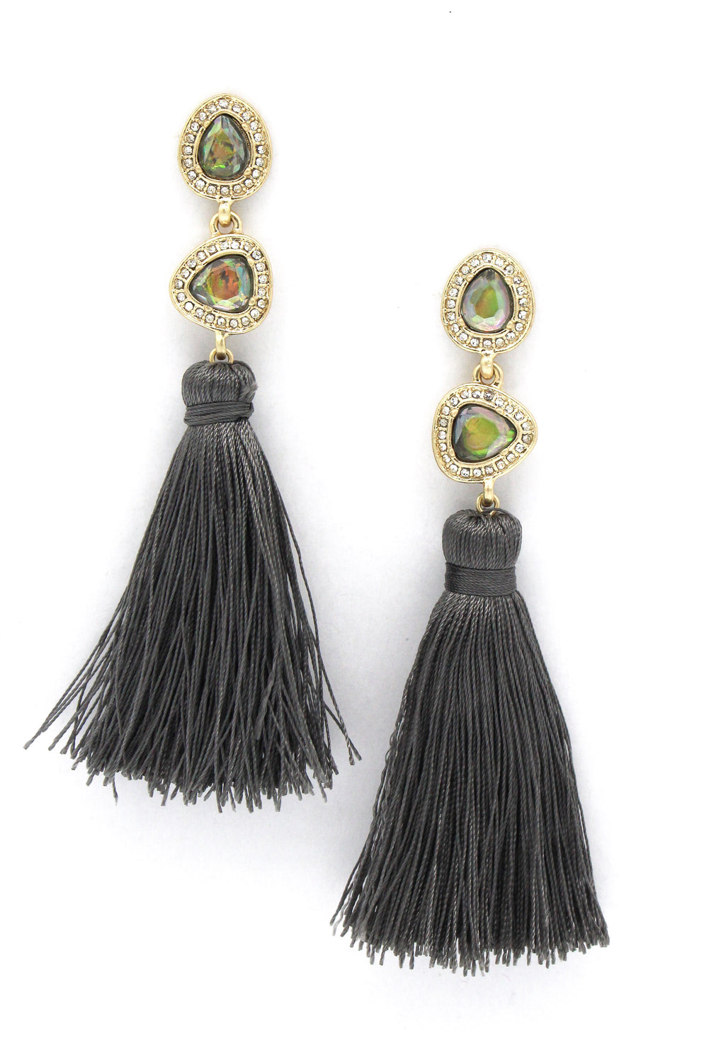 Misty Stone Tassel Earrings- Iridescent/ Grey