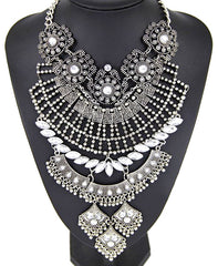 Antiqued Metal & Crystal Detail Necklace