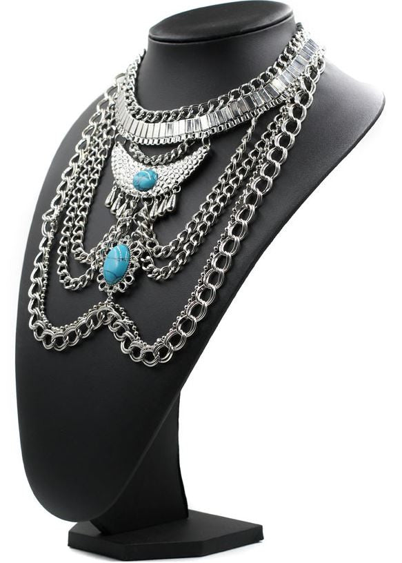 Native Goddess Draped Chains Necklace- Turquoise Stone